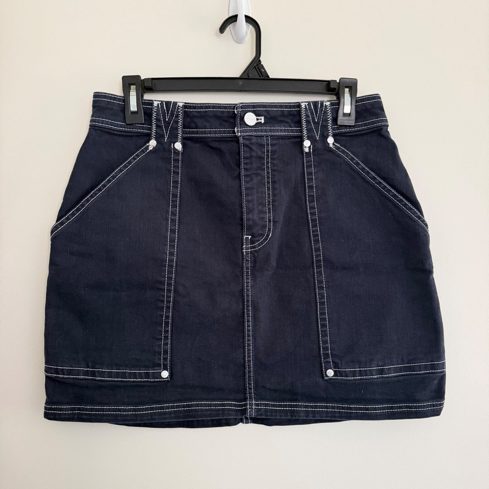 Pilcro Carpenter Denim Mini Skirt High Rise Anthropologie Navy Contrast Stitch 8